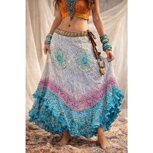 Vintage Silk Beaded Maxi Skirt Boho Gypsy Festival Belly Dance Silver Stream M/L